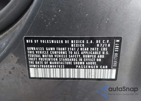 2019 Volkswagen Jetta 1.4T R-Line/1.4T S/1.4T Se z USA, uszkodzony, nr VIN 3VWC57BU8KM061522